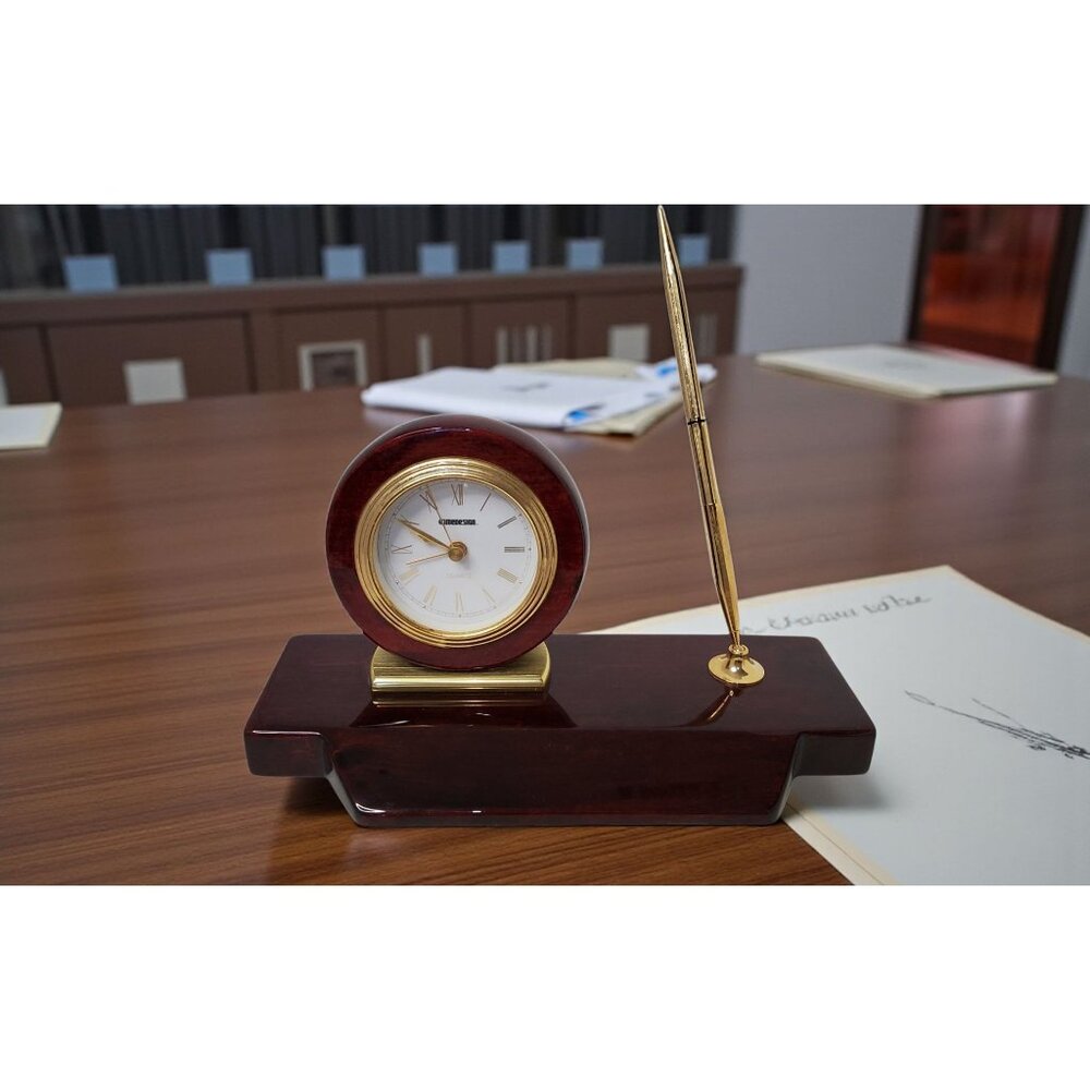 Vintage Timedesign Quartz Clock & Pen Executive Desk Set, Rosewood and Brass Pla